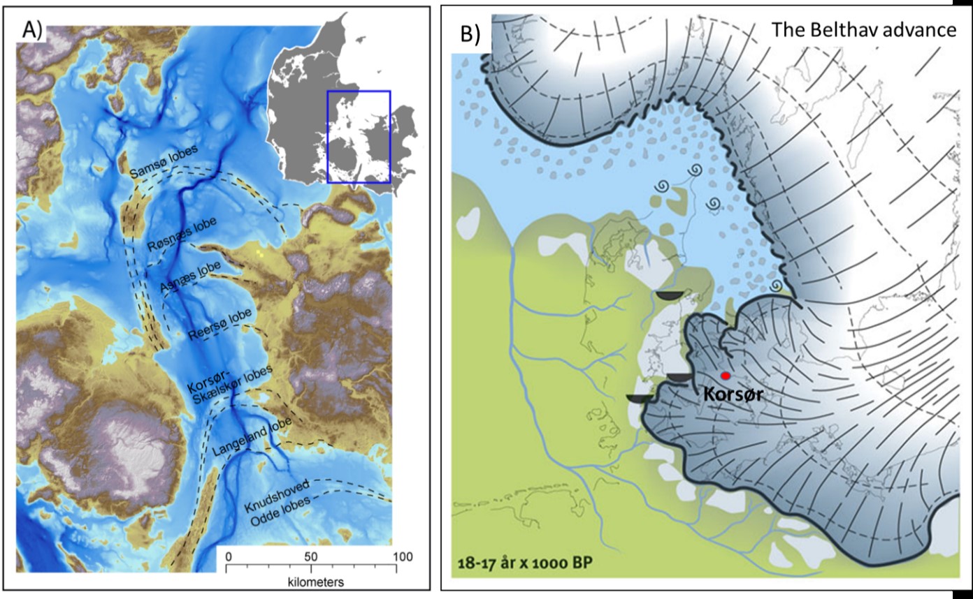 The Bælthav ice-advance and related re-advances during the retreat forming distinct ice marginal landforms/lobes in the Great Belt area (partly from Michael Houmark-Nielsen:2021. Istiden i det danske landskab)